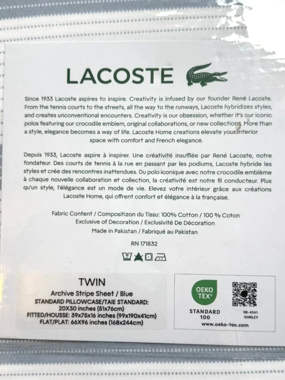 Lacoste 100% Cotton Percale Twin Sheet Set Striped Blue White 3-Piece NWT